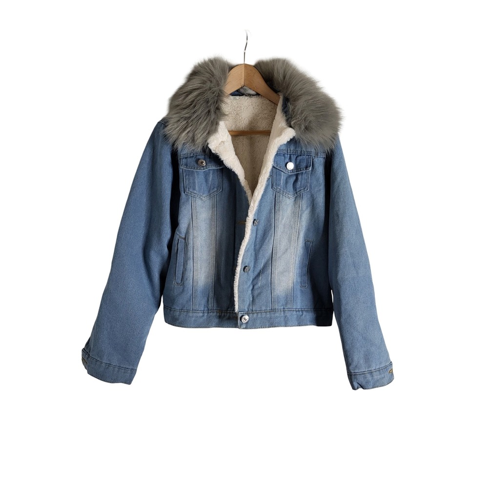 JZNZ Women Faux Fur Collar Denim Jacket Shearling Lined Light Wash Blue XL NEW